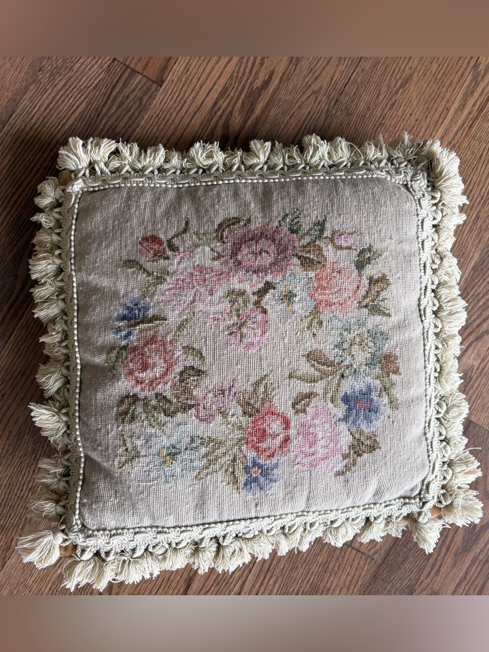 Vintage Needlepoint Decorative Pillow with Fringe